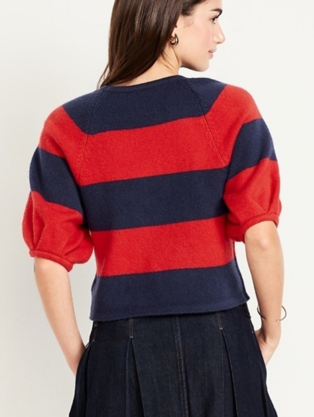 Old Navy Rugby Stripe Sweater Short Puff Sleeve Navy Blue Red Medium NEW NWT - Picture 3 of 15